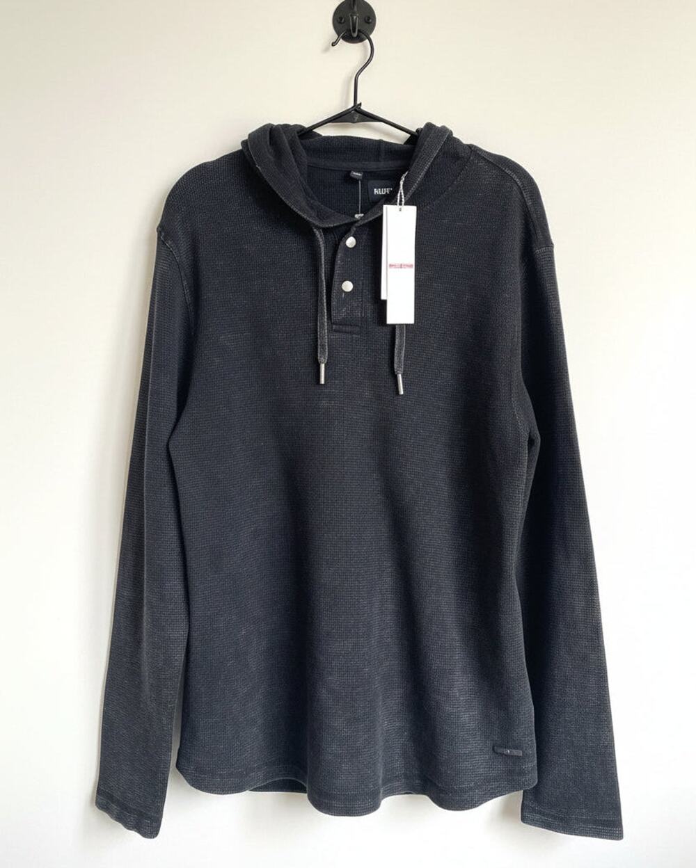 HUDSON Mens Black Waffle Knit Henley Hoodie Pullover Sweater Large
